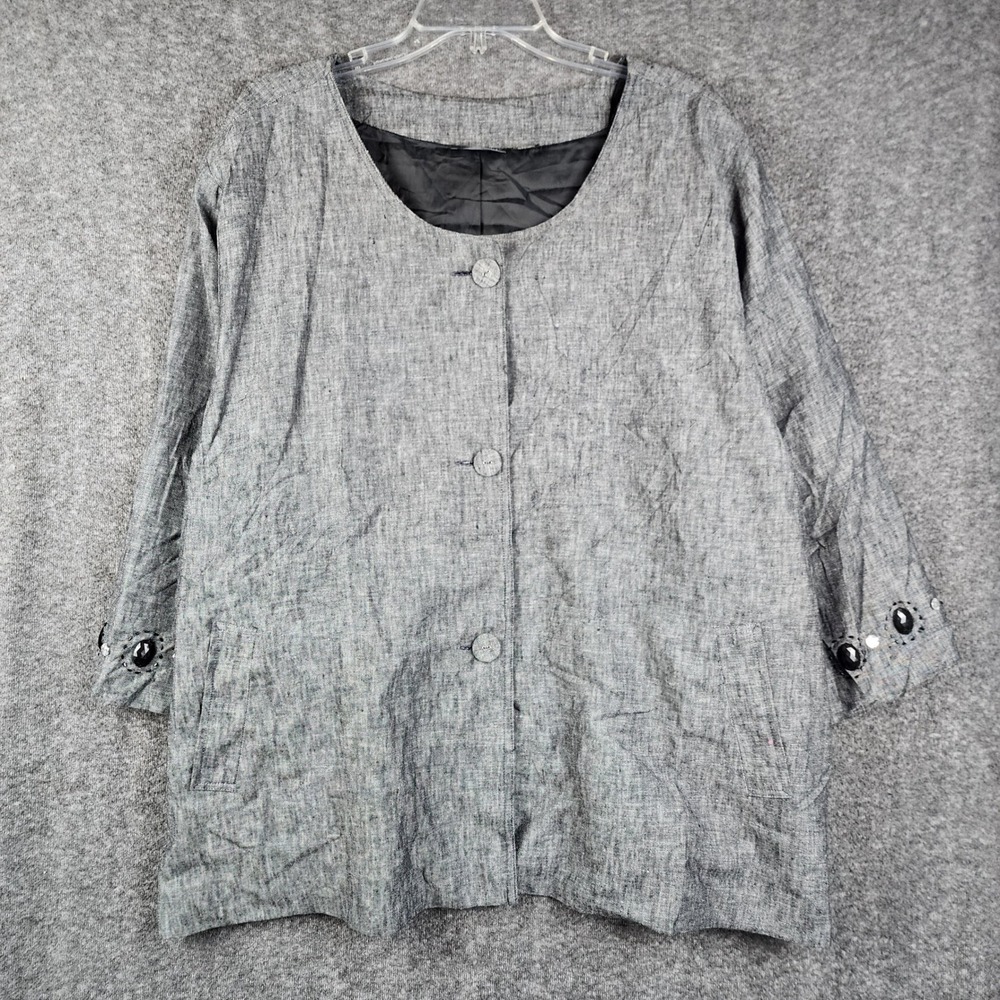 Maggie Barnes Jacket Women 4X Grey Linen Blend Beaded Cuff Button Front Blazer